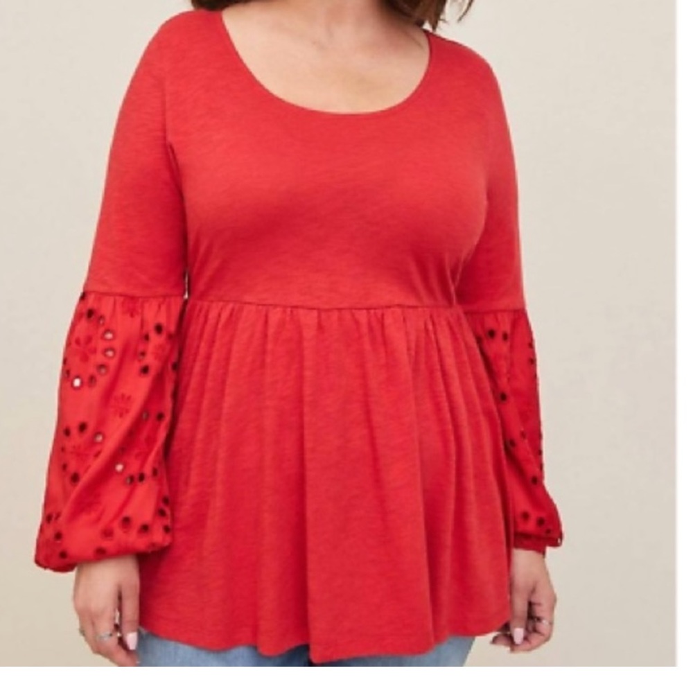 Torrid Red Blouse Eyelet Sleeves peasant baby doll cotton bohemian 1X boho